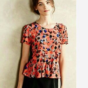 Anthropologie HD In Paris Top Women’s Size 4 100% Silk Peplum Ruffle Hem Dot